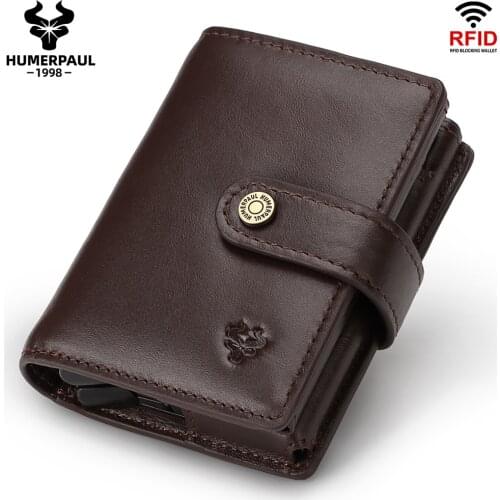 Cow Leather Card Holder Men Rfid Blocking Bifold Card Wallet Small Money Bag Double Aluminum Pop Up Male Purses Large Capacity