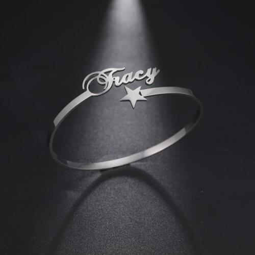 Lemegeton Personalized Custom Name Bracelet Bangles For Women Girls Stainless Steel Adjustable Open Initial Heart Star Bracelet