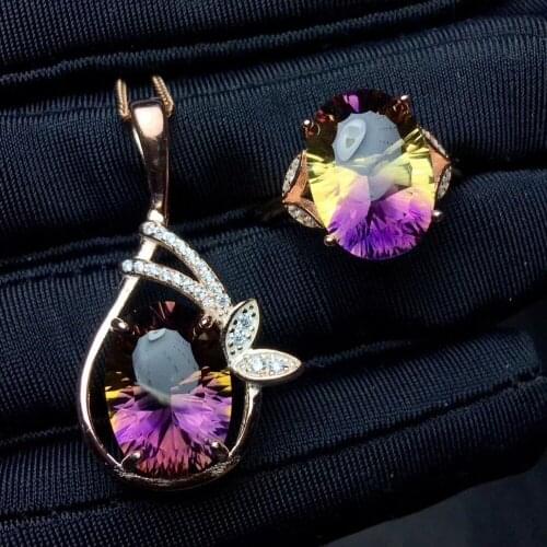 Free Shipping Natural and Real Ametrine jewelry set Natural Real Ametrine 925 sterling silver 1pc pendant,1pc ring