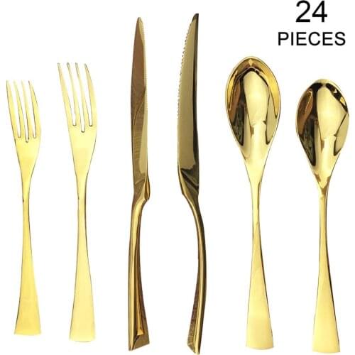 Gold Cutlery Set Luxury Dinnerware 24pcs Mirror Polishing Tableware Stainless Steel Dinner Steak Knife Fork Spoon Flawtare Set