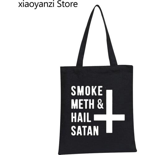 2021 New Fashion Letter Printed Handbag Smoke Meth And Hail Satan Funny Eco Reusable Canvas Shopping Bags Shoulder Bags Totes