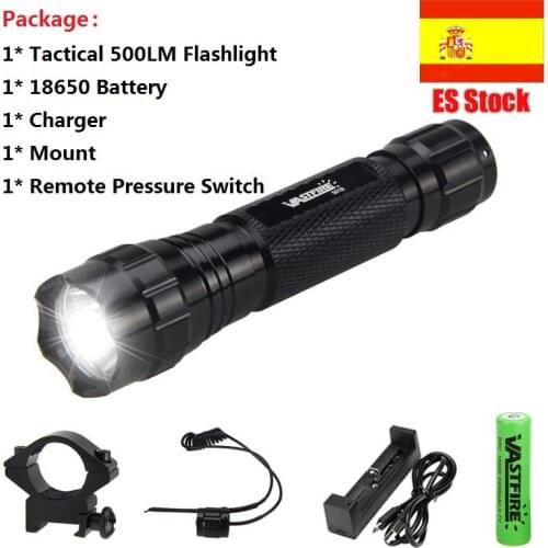 Rechargeable LED Tactical Flashlight T6 White Light Torch Lamp Outdoor Hunting Flashlights+18650+Charger+Pressure Switch+Mount