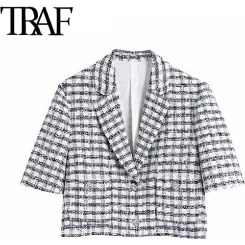 TRAF Women Fashion With Buttons Tweed Cropped Blazer Coat Vintage Short Sleeve Pockets Female Outerwear Chic Veste