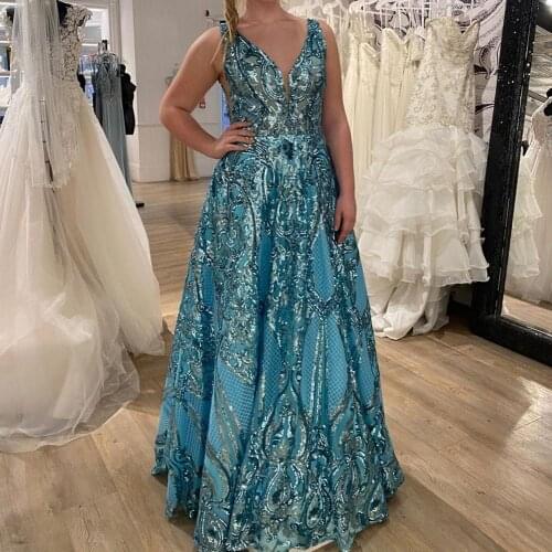 Sparkle Sequins Prom Dress 2020 A-Line Blue Champagne Long Military Ball Formal Pageant Gowns V-Neck Open V-Back Sleeveless