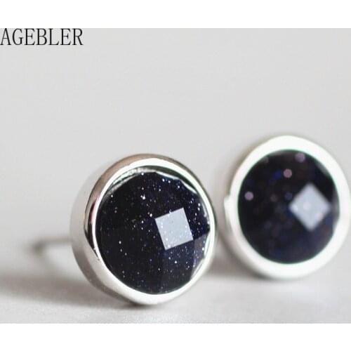 Natural Stone Black Stud Earrings Womens Jewelry Brinco 925 Sterling Silver Mens Earrings Round Shape