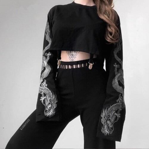 NEWDISCVRY 2020 Dragon Print Vintage Female Sweatshirts Harajuku Fall 2020 Crop Flare Sleeve Pathchwork Sweatshirt Pullovers
