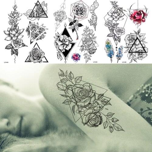 YURAN Triangle Bracelet Floral Daisy Rose Fox Fake Tattoos Stickers Body Art Arm Tattoo Temporary Waterproof Diamond Custom Tato