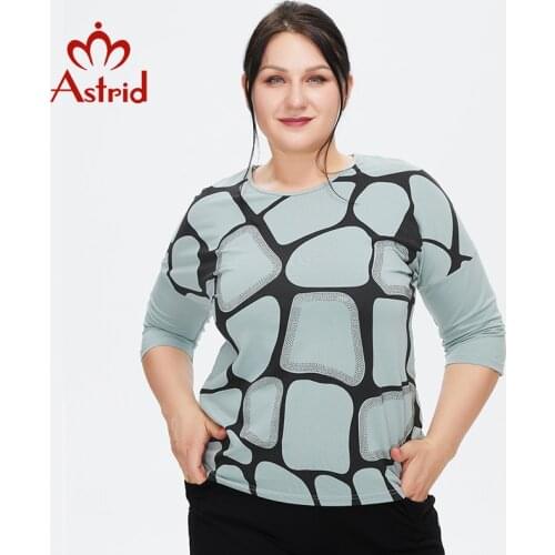 Astrid Womens t-shirt 2021 Knit Cotton Top Female Oversized Clothing Vintage Fashion Diamond craft graphic Print Trends O-neck