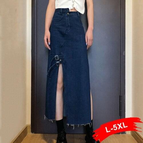 Plus Size Sexy Slit Y2K Goth Harajuku Vintage Mid Long Jeans Skirt 5Xl Street Punk Japanese E-Girl Pencil Denim Medieval Skirt