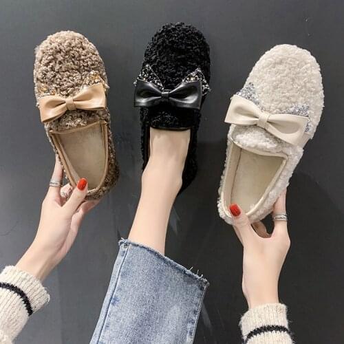 2021 New Fashion Women Furry Shoes Winter Flats Cotton Shoes Ladies Soft Comfortable Slip on Loafers Plush Warm zapatos de mujer