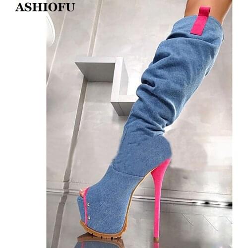 ASHIOFU Handmade Ladies Super-heel Boots Faux-suede Peep-toe Sexy Club Knee Boots Party Prom Evening Fashion Boots Shoes