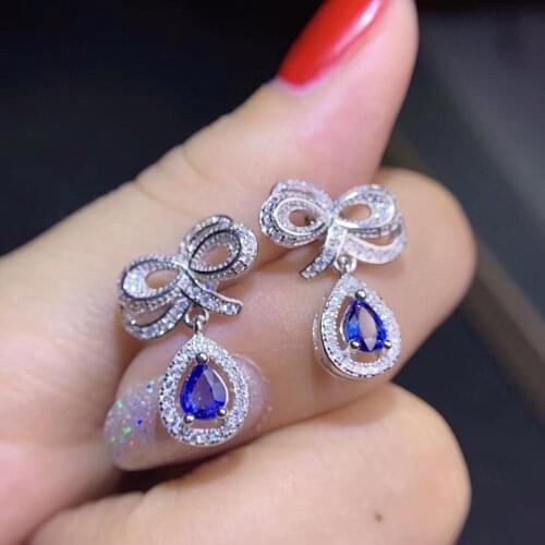 Fashion Lovely Bow Water drop S925 silver natural blue sapphire drop earrings natural gemstone girl birthday party gift jewelry