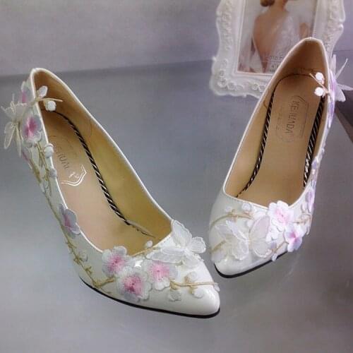 Plum Blossom Flower Applique Wedding Shoes with Butterfuly Bowknot Slip-on Super High Heel Women Pumps for Bridesmaid Recpetion