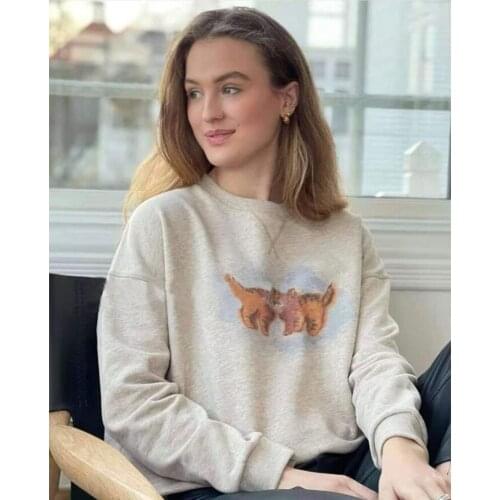 2021 Autumn Cats Cartoon Print Sweatshirt Womens Fleece Loose Round Neck Drop Shoulder Long Sleeve Top