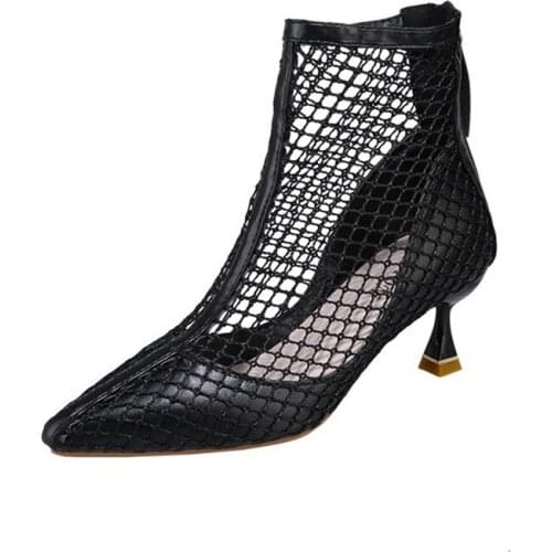 2021 Autumn New Sexy Mesh Ankle Boots Women Pointed Toe Stiletto Heels Fashion Zip Ladies Party Shoes 6cm Heel Leather Boots