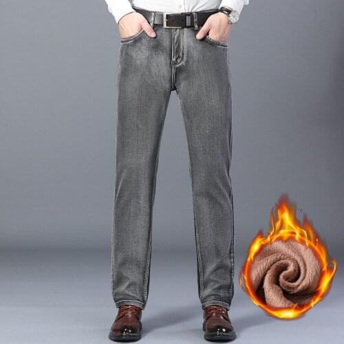 2021 Winter Denim Flannel Jeans Soft Black Pant Trousers Plus Size 28-40 Mens Warm Fleece Jeans Stretch Casual Straight Thick