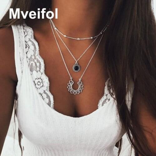 Bohemian Black Stone Multi Layered Necklace for Women Vintage Silver Color Chain Flower Pendant Necklace Collares Collier