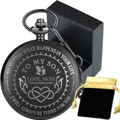 To My Son, Love Mom Personalized Antique Black Quartz Pocket Watch Roman Numerals White Dial Unique Birthday Gifts for Boy