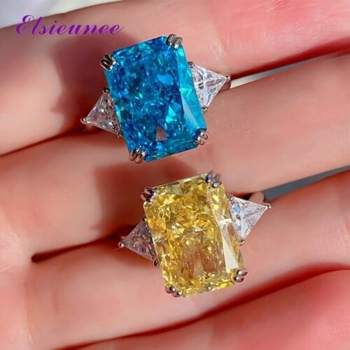 ELSIEUNEE 925 Sterling Silver Radiant Cut High Carbon Birthstone Aquamarine Citrine Ring Anniversary Wedding Bands Fine Jewelry