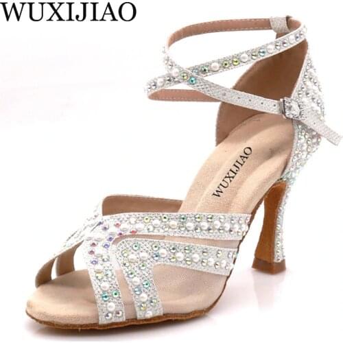 WUXIJIAO Brand Latin dance pearl decoration shoes soft bottom shoes salsa ballroom women lace high heel dance shoes Cuban heels