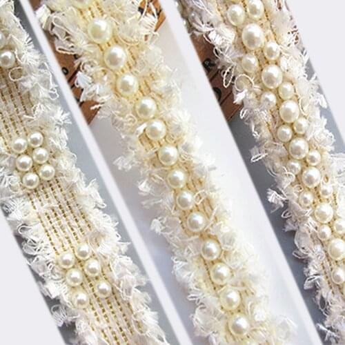 2Meter 3cm White Pearl Beads Lace Fabric Trim Ribbon Shabby Edge Tape for Sewing Craft Wedding Dress Costume Applique Needlework