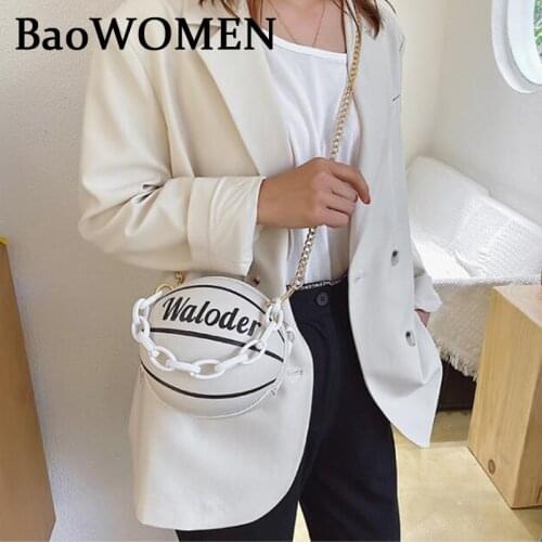 BaoWomen Cute Woman Leather White Basketball Bag New Ball Purses For Teenagers Girls Shoulder Bags Crossbody Chain Handbags