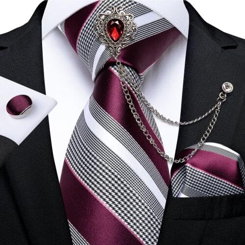 Fashion Necktie Luxury Brooch Red Striped 100% Silk Mens Tie Handkerchief Set Gift For Men Business Wedding Tie Set DiBanGu