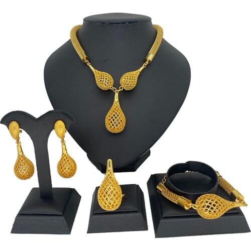 Nigeria Dubai jewelry sets for women African bridal wedding gifts party Gold color Bracelet Necklace earrings ring set collares