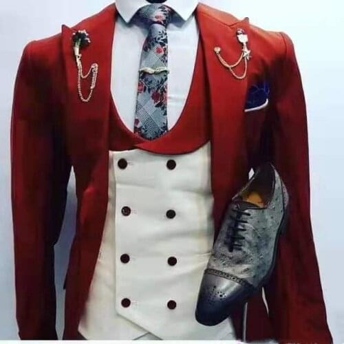 Latest design red with white Bridegroom Wedding suit for men slim fit Classic Suits 3 Pieces jacket Clothing (Blazer+Pant+Vest)