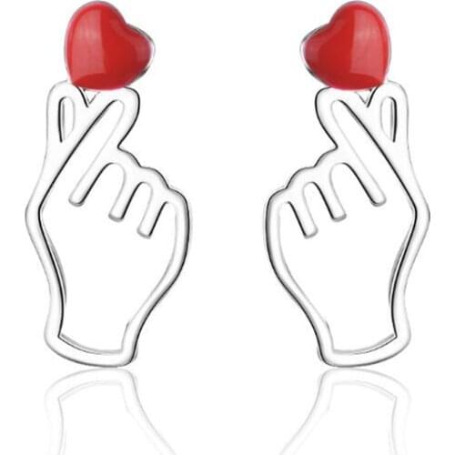 New Creative Red Love Hand 925 Sterling Silver Jewelry Fashion Exquisite Heart Shaped Personality Gesture Stud Earrings SE749