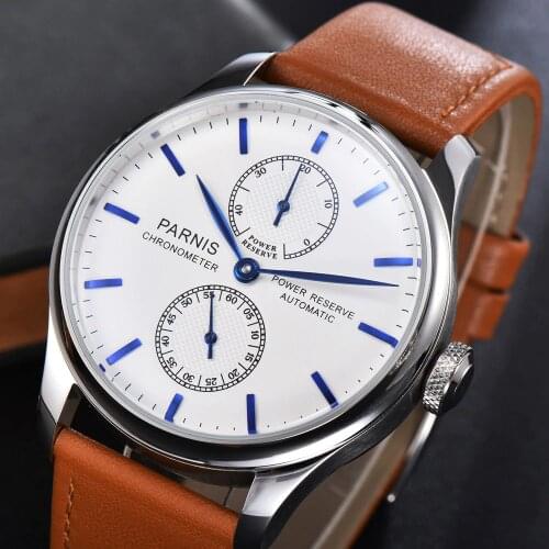 Parnis 43mm White Dial Automatic Mechanical Mens Watch Luxury Brand Fashion Power Reserve Waterproof Wristwatch Men