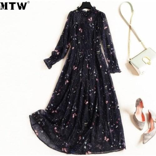Summer Chiffon Dress Women Long Maxi Dress 2021 Vintage Print Party Dresses Casual Long Sleeve A-Line Midi Dress
