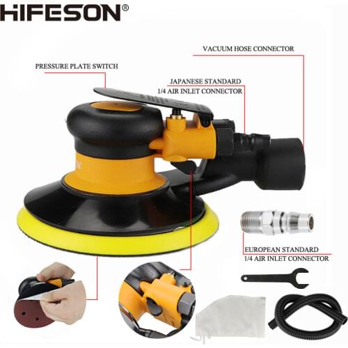 HIFESON Pneumatic Sander Polisher with Vacuuming 6'' 150mm Car Paint Care Tool Polishing Random Orbital Palm Machine M8 Threaded