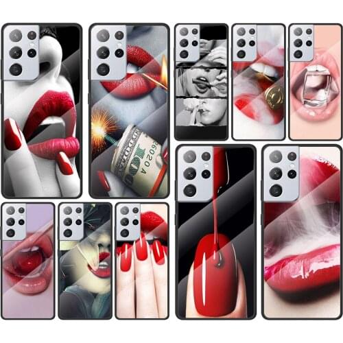 Sexy Red Lips Kiss for Samsung Galaxy S21 Ultra Plus A72 A52 4G 5G M51 M31 M21 Luxury Tempered Glass Phone Case Cover