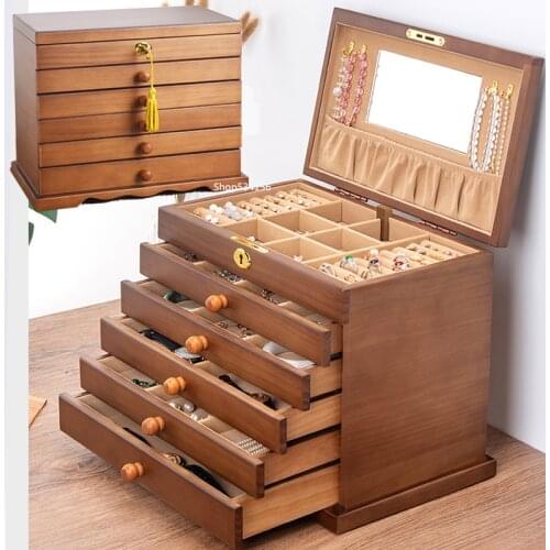 Solid Wood Six-Layer Jewel Box Large Capacity With Lock Retro Eardrop Earrings Necklace Jewelry Gift Carved jewelry box