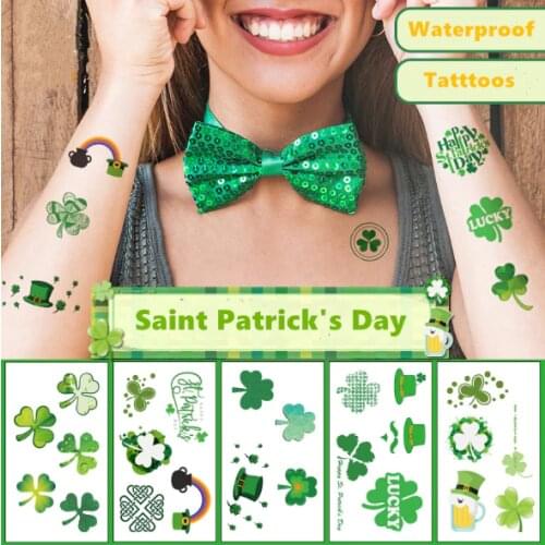 Saint Patricks Day Temporary Tattoo Stickers For Man Women Four Leaf Clover Fake Tattoo For Woman Waterproof Tattoos Green