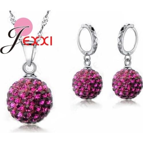 Newest Wholesale Price Real 925 Sterling Silver Full Crystals Balls Pendant Necklace Earrings Jewelry Sets For Women Girls
