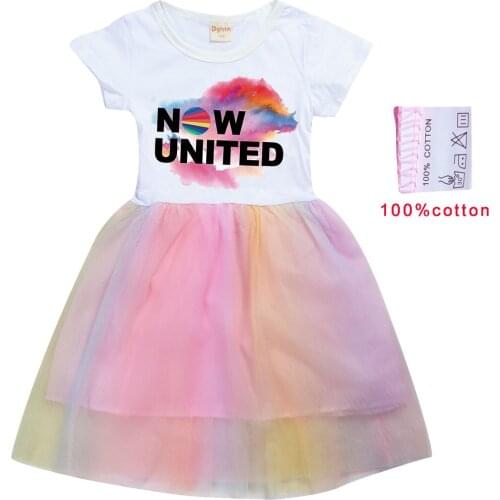 2-10 Years New Now United Clothes Girls Dresses 2021 Summer Kids 100% Cotton T Shirt Rainbow Mesh Dress Children Princess Outfit