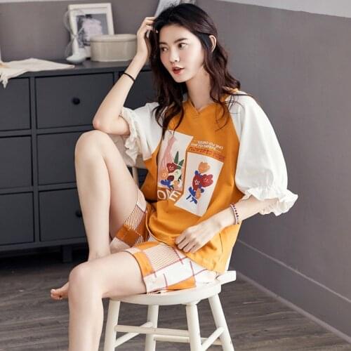 Two Piece Womens Pajamas Summer Fashion Pajama Suit 100% Cotton Soft Sleepwear Homewear Large Size Underwear Nightwear 2XL