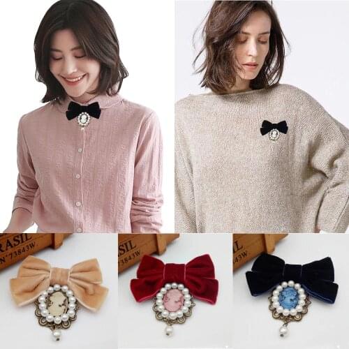 Fashion Fabric Ribbon Bowknot Brooches for Women Vintage Queen Cameo Pearl Brooch Pins Collar Tie Corsage Broche Costume Jewelry