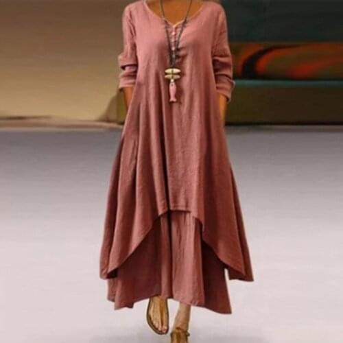 Elegant Cotton Linen Women Maxi Dress 2021 Spring Solid V-Neck Buttoned Asymmetric Dresses Female Casual Long Sleeve Vestido 5XL