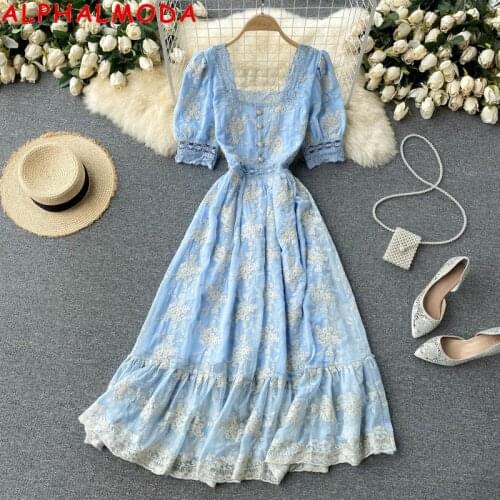 ALPHALMODA Court Style Dress 2021summer New Retro Embroidery Lace Square Collar Slim Mid-calf Ruffle Dress for Women