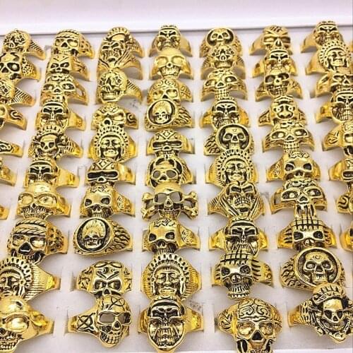 Wholesale Bulk Lot 100pcs Mixed Styles Mens Womens Gold Punk Biker Skull Sports Rings Fashion Jewelry