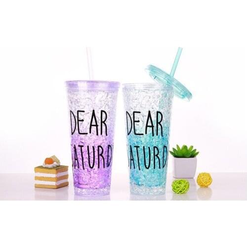 1Pc 450ml Creative Summer Ice Cup Double Plastic Straw Fruit Cup Keep Cold Insulation Water Bottles Cartoon Print