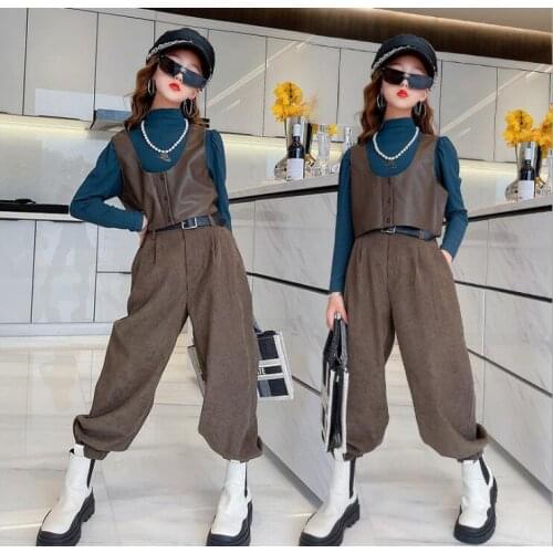 2021 Korea style girls 3 pcs set t-shirt+PU leather vest+long pants fashion autumn girls suit 4-9t B710