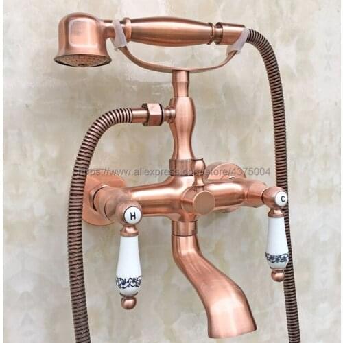 Antique Red Copper Wall Mounted Telephone Euro Bath Tub Faucet Mixer Tap w/ Handheld Spray Shower Ntf804