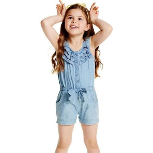Kids Girls Rompers Denim Blue Cotton Washed Jeans Sleeveless Bow Jumpsuits 0-5Y
