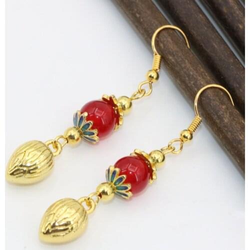 Long Dangle Earrings Piercing Drop Earrings for Women New Jades Red Chalcedony Gold-color Cloisonne Wedding Party Gift B2612