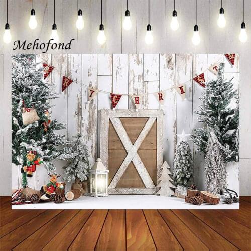 Mehofond Photography Background Merry Christmas Vintage Wooden Wall Snow Pine Tree Kids Family Portrait Backdrop Photo Studio