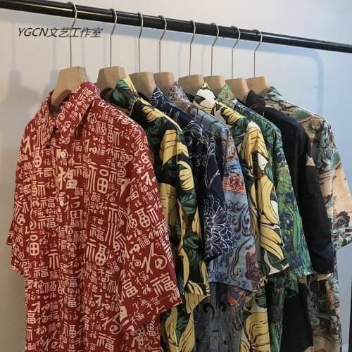 T26 styles retro print short-sleeved shirt T-shirt male hip-hop wild fashion loose couple T-shirt half-sleeved oversized shirt